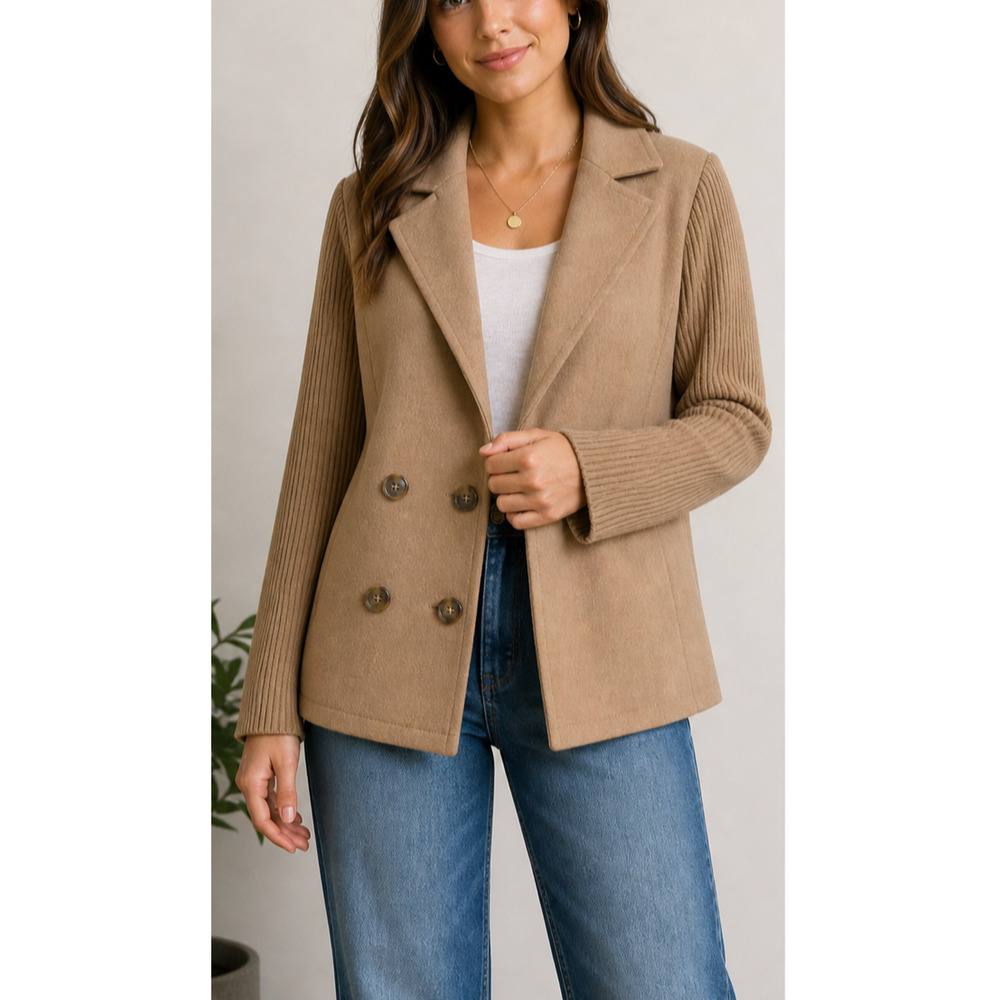 Splendid Collection Wool Blend Jacket Womens M Camel Knit Sleeve Double Breasted